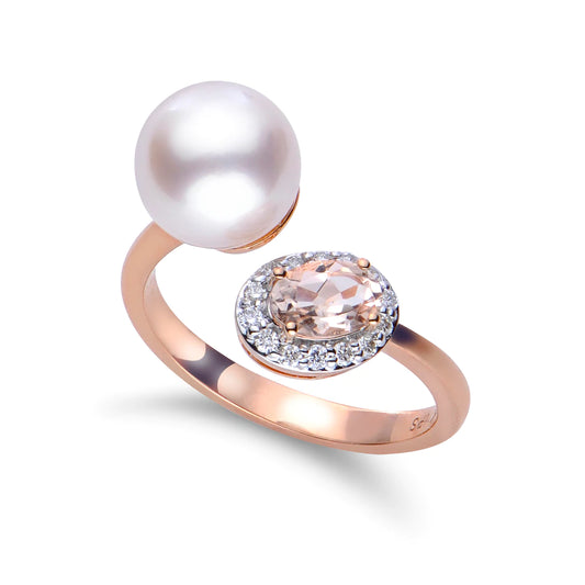 14K ROSE GOLD AKOYA PEARL MORGANITE RING - Reigning Jewels Fine Jewelry 