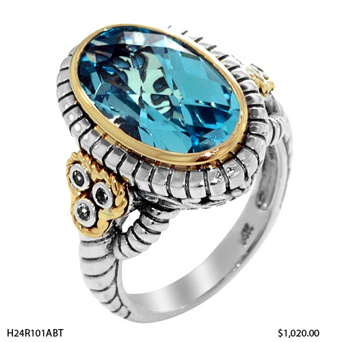 BLUE TOPAZ/DIAMOND/TOPAZ STERLING SILVER RING - Reigning Jewels Fine Jewelry 